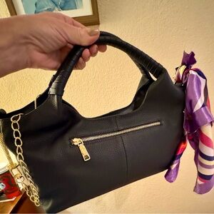 BRAND NEW 1 Of A Kind Navy Blue Leather Handbag with Gold & Silk enhancement